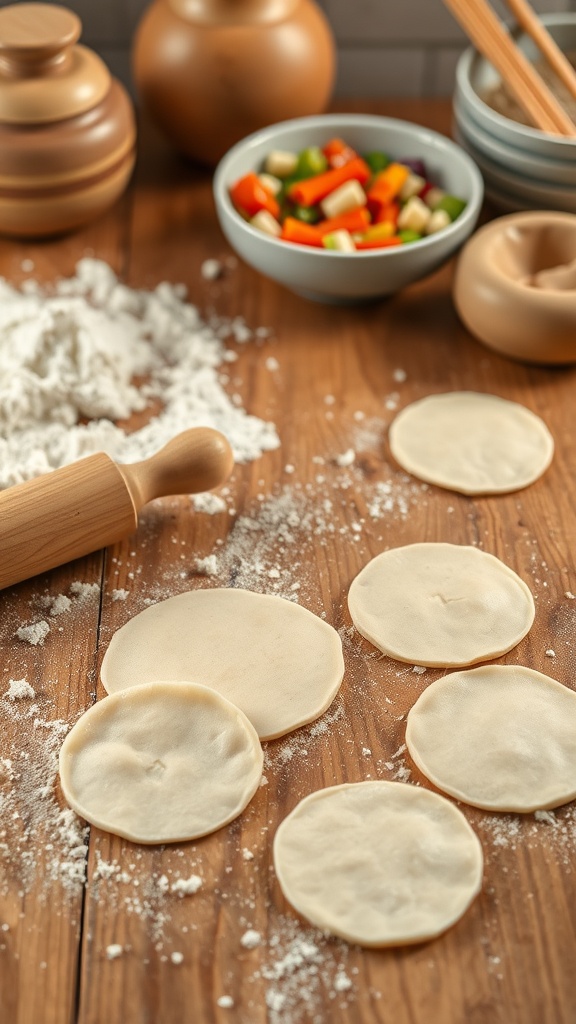 Homemade dumpling dough rolled out on a wooden surface with flour and a bowl of filling nearby.